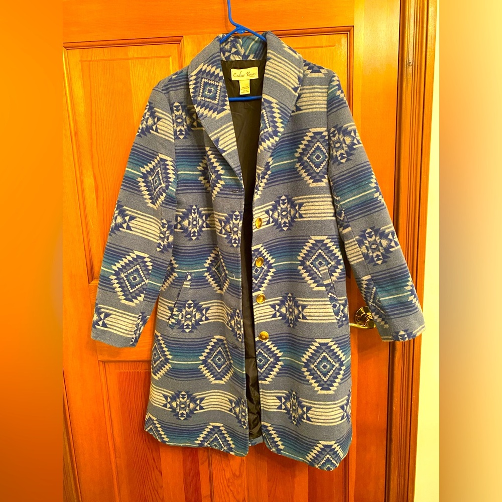 Women’s aztec blue size M long pea coat by Cedar Rose